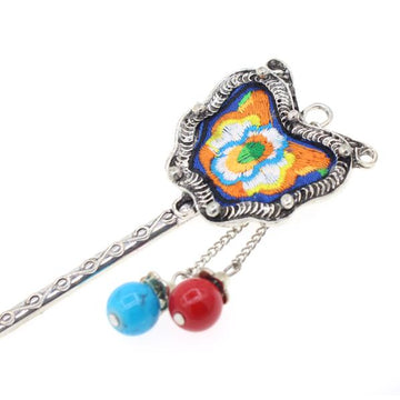 Miao Tribal Metal Hair Stick with Butterfly Embroidered Piece and Tassels